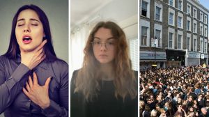 woman not being able to breathe (l) woman shares how to survive crowd crush (c) thousands of people crowded in the same area (r)