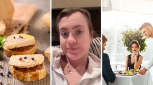 foie gras appetizer (l) woman shares fine dining experience (c) couple fine dining (r)