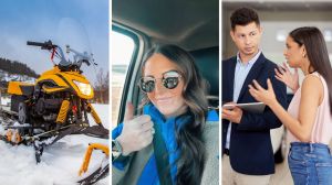 yellow snowmobile (l) woman shares purchase issue (c) woman arguing at dealership (r)