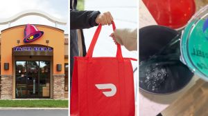 taco bell store front (l) doordash bag (c) woman pouring drink (r)
