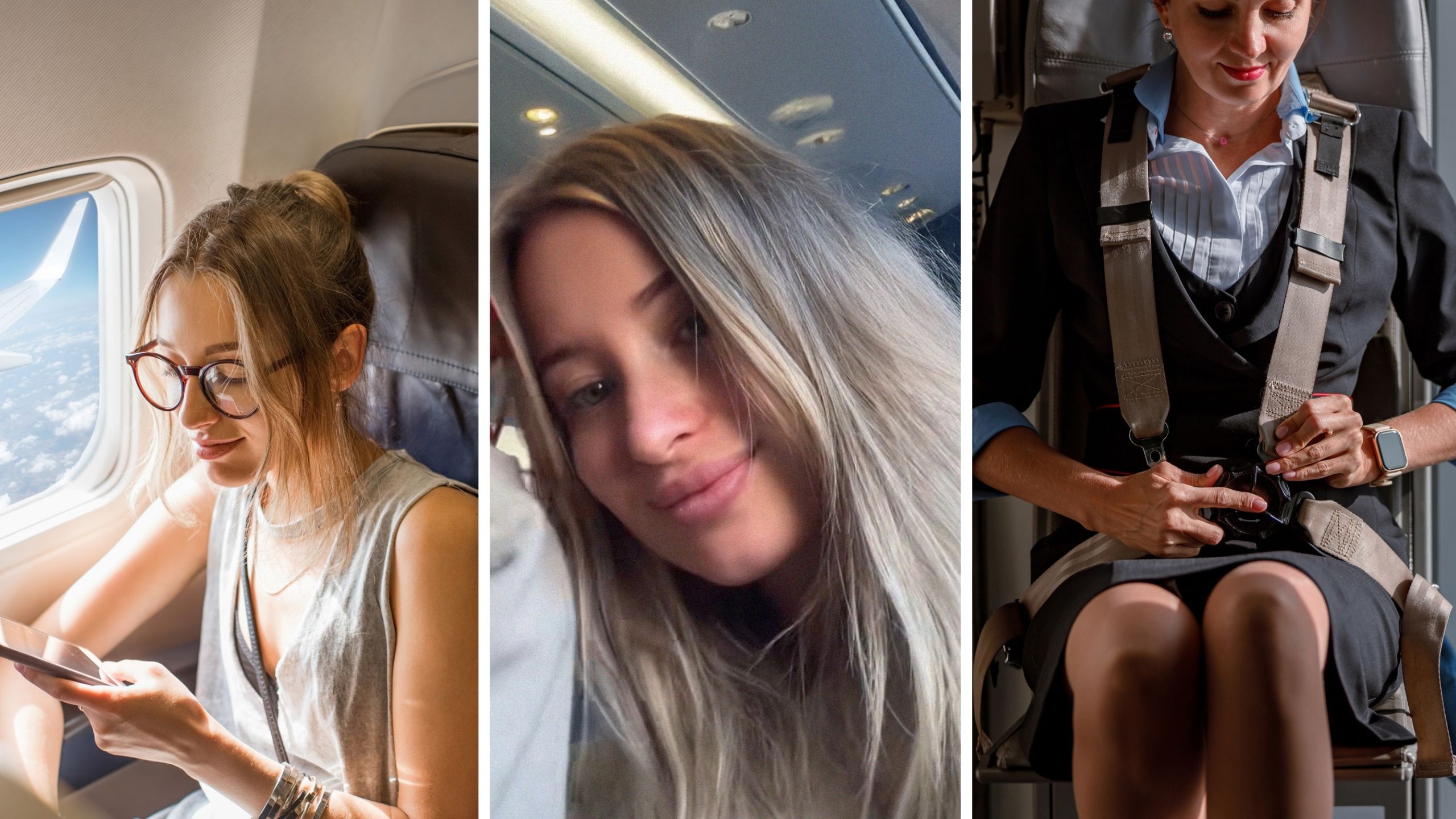 woman picks best seat on plane (l) woman shares flight experience (c) flight attendant during flight (r)