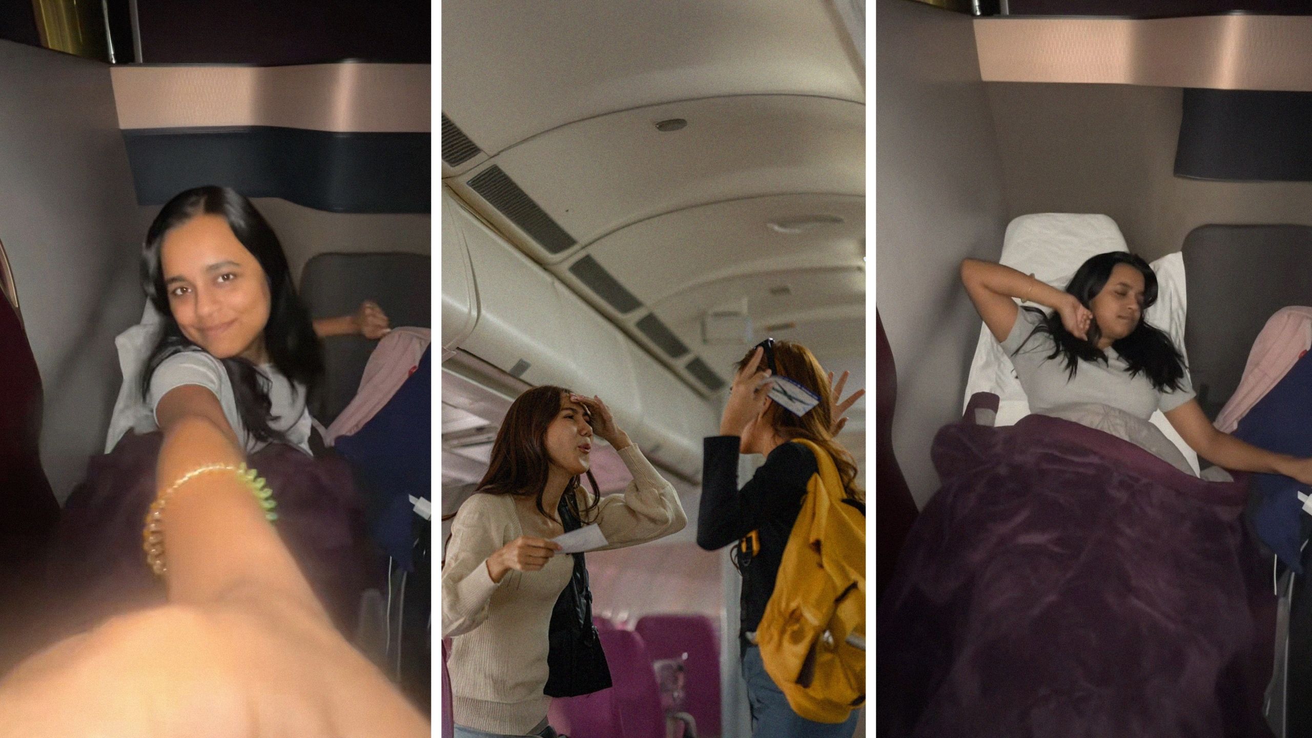woman shares flight experience (l) mother approaches woman to switch flight seats with daughter (c) woman in business class flight seat (r)