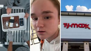 tsa check point (l) woman shares purchase issue (c) tj maxx store front (r)
