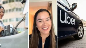 woman putting luggage into car (l) woman shares uber experience (c) Uber car (r)