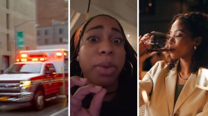 ambulance rushing person (l) person shares dining out experience (c) person drinking from glass (r)