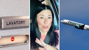 airplane lavatory (l) woman shares flight issues (c) Frontier aircraft (r)