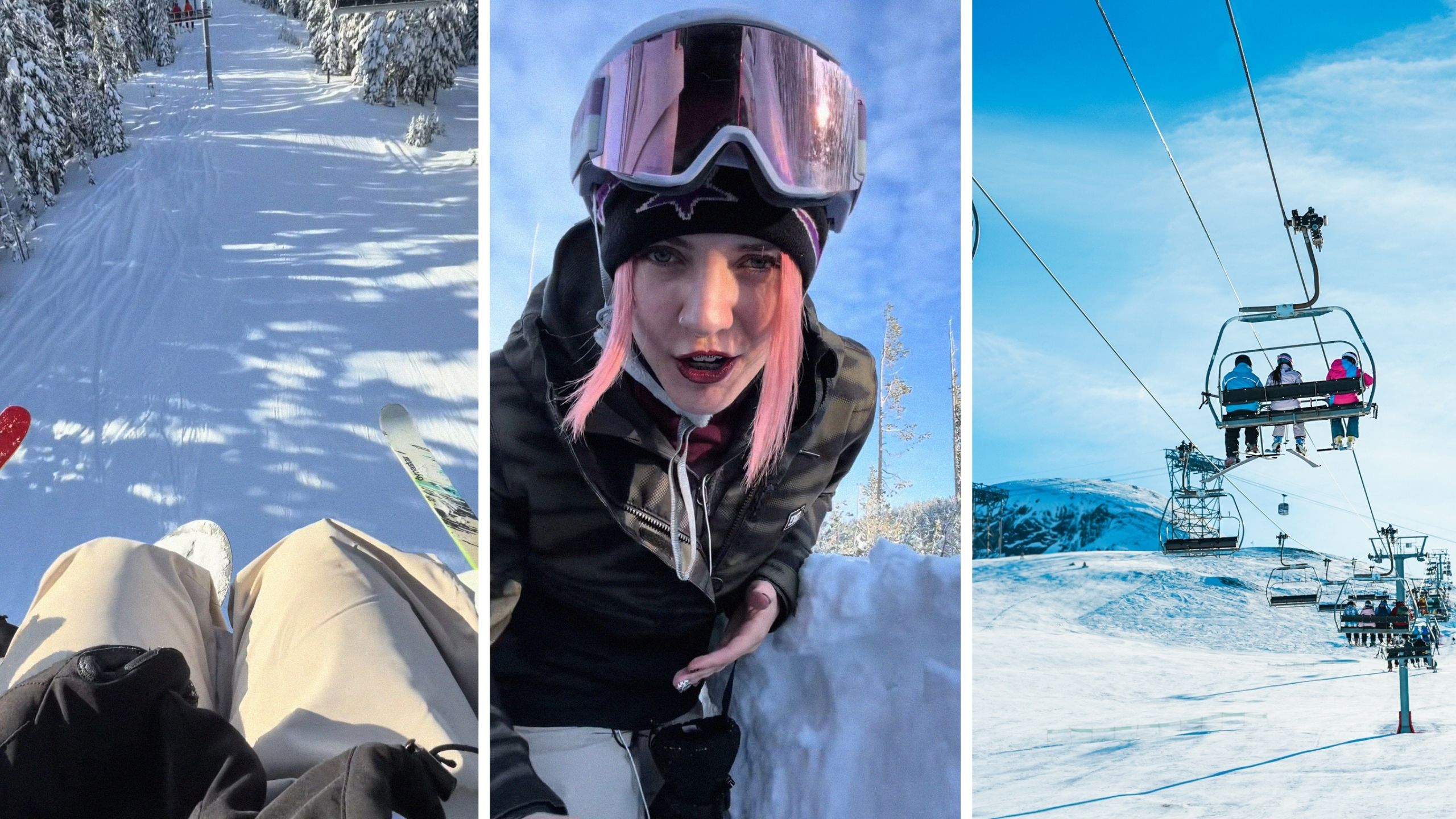 woman sitting between two men (l) woman shares ski lift experience (c) Ski lift (r)