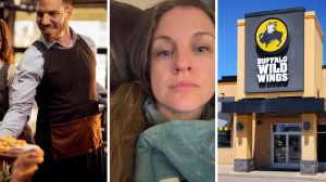 server passing food (l) woman shares buffalo wild wings experience (c) Buffalo wild wings entrance (r)