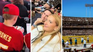 kid sitting in game bleachers (l) woman shares game experience (c) football game (r)