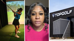woman at top golf (l) woma shares top golf experience (c) Top golf storefront (r)