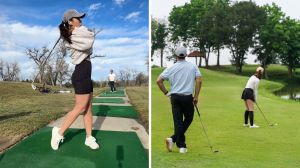 woman shares golfing experience (l) man staring at woman while she golfs (r)