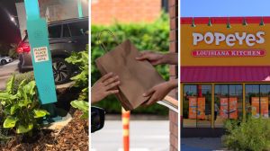 AI Teller machine (l) woman shares new drive thru update experience (c) popeye's front entrance (r)