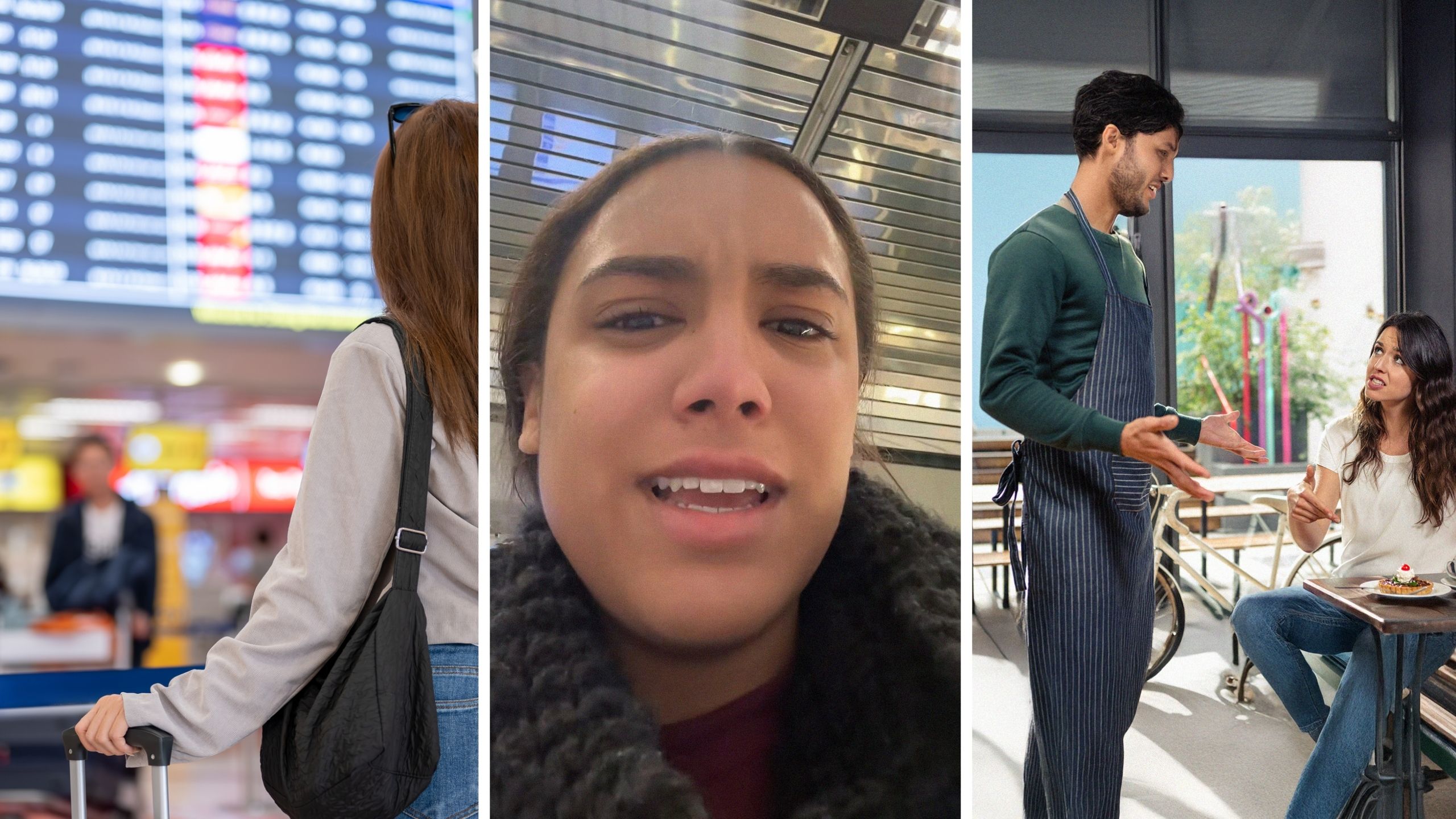 woman arrives airport early (l) woman shares chicago airport restaurant experience (c) woman is asked to leave restaurant (r)
