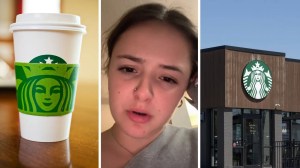 starbucks drink cup (l) woman shares starbucks concern (c) Starbucks store front (r)
