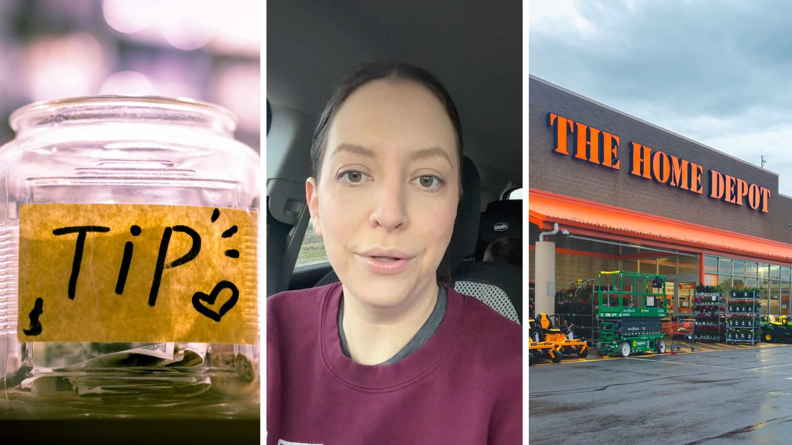tip jar (l) woman shares home depot delivery concern (c) The home depot storefront (r)