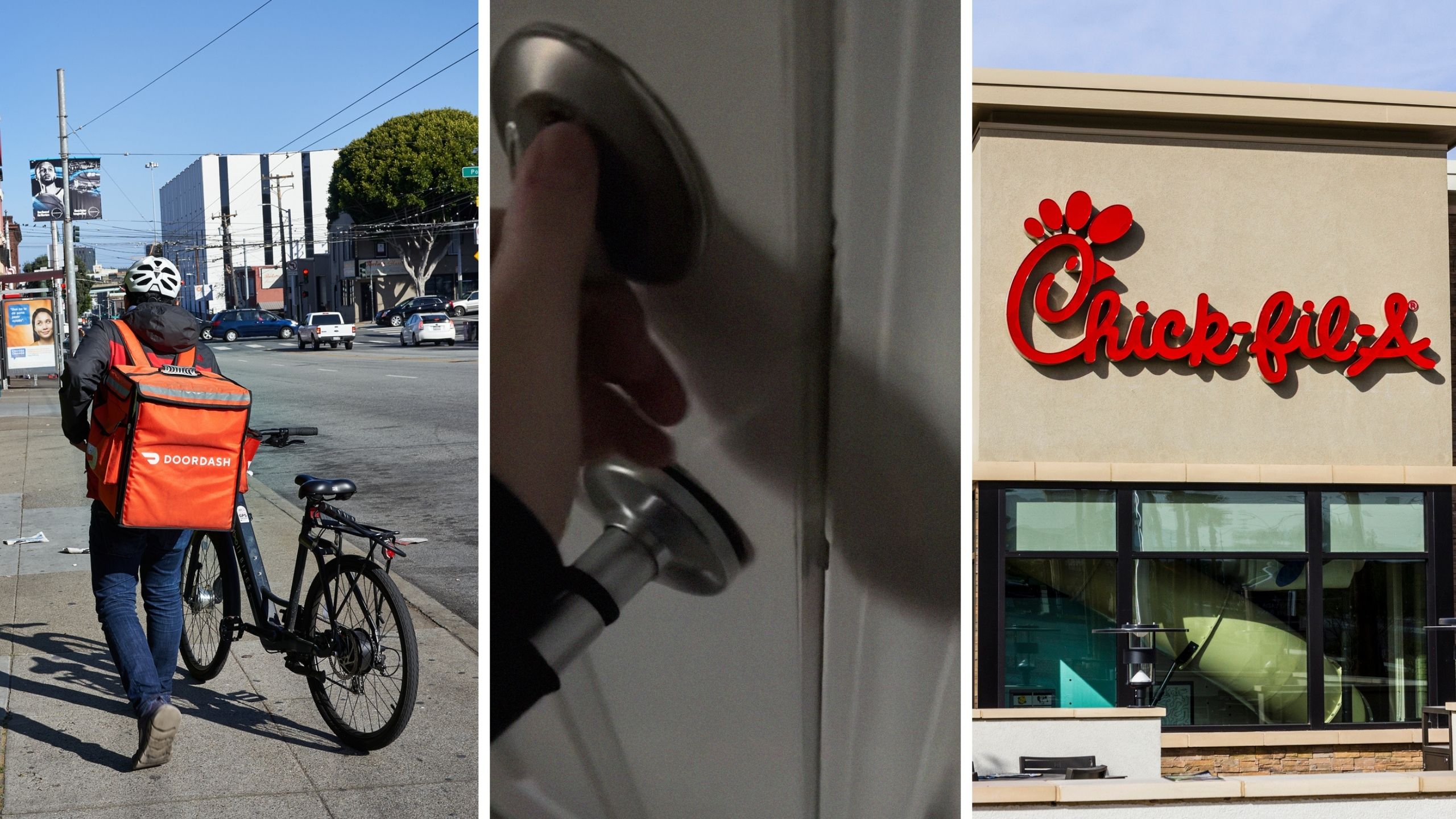 doordash delivery (l) woman opens door to food order (c) chick-fil-a store front (r)