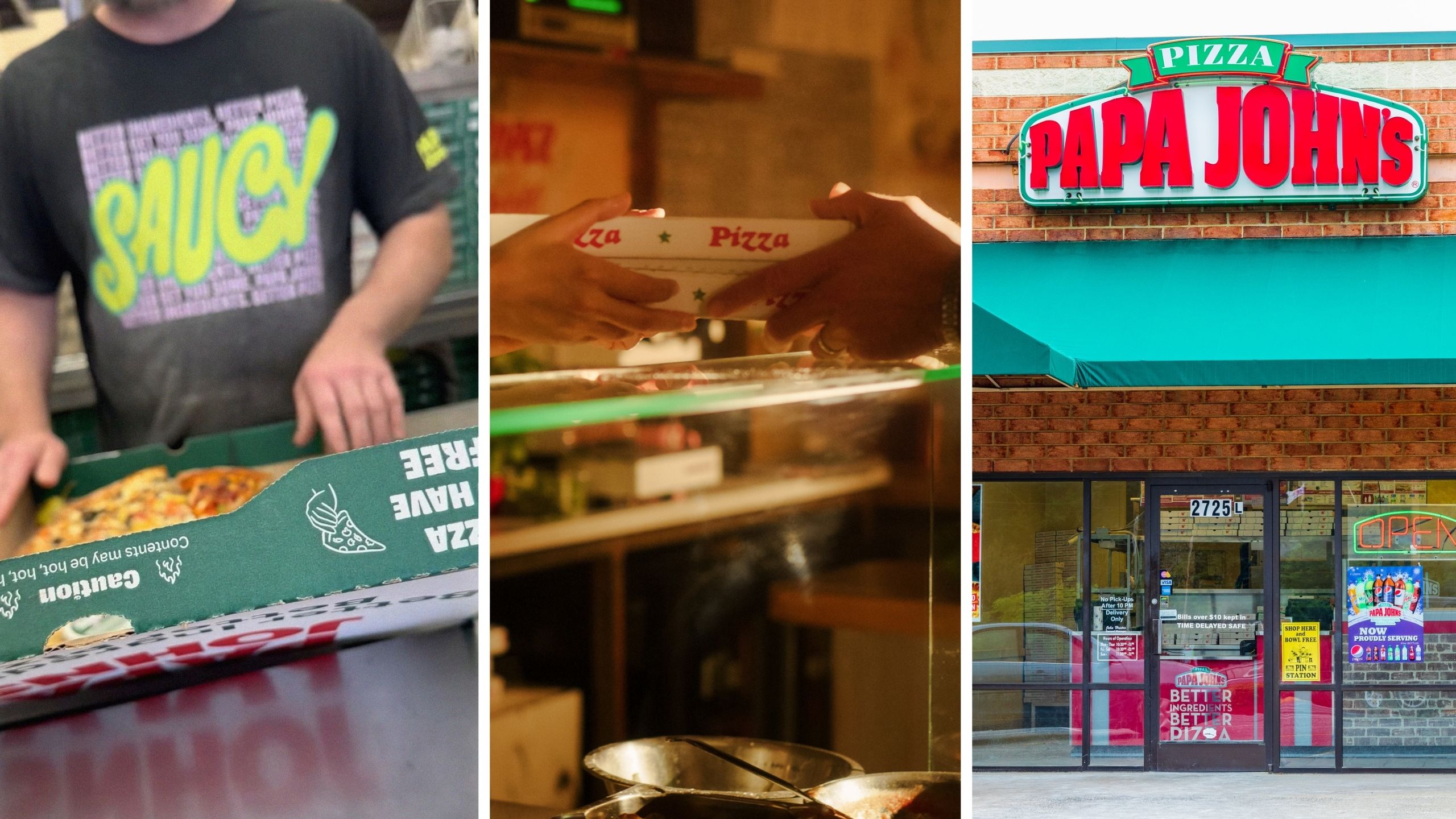 papa johns worker refusing to accept pizza return (c) woman goes to return burnt pizza (c) papa johns entrance (r)