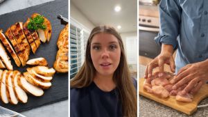 grilled chicken slices (l) woman shares boyfriend cooking issue (c) man cooking chicken (r)