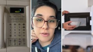 microwave screen (l) woman shares how her sister haunts her (c) woman using the microwave (r)