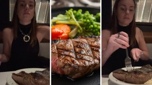 woman shares dinner experience (l) fancy steak meal (c) woman cutting into steak (r)