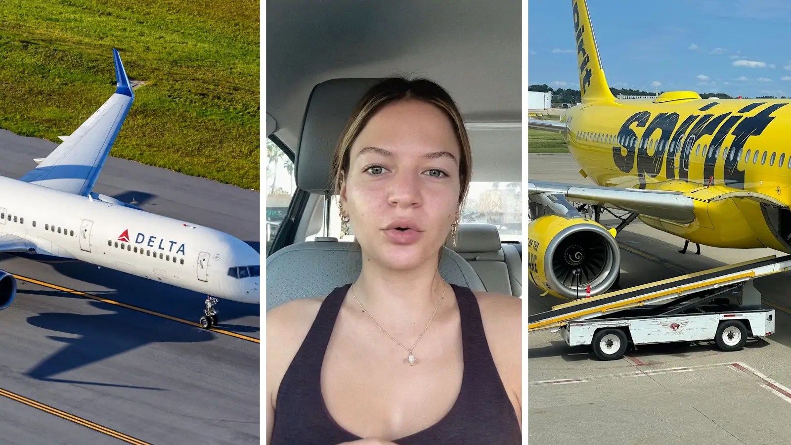 delta aircraft (l) woman shares flight dress code issue (c) spirit airlines (r)