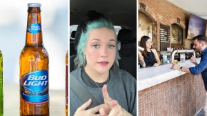 bud light beer (l) woman shares work experience (c) woman serving man at bar (r)