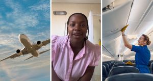 traveling aircraft (l) woman shares strange flight experience (c) flight attendant closing cabins (r)