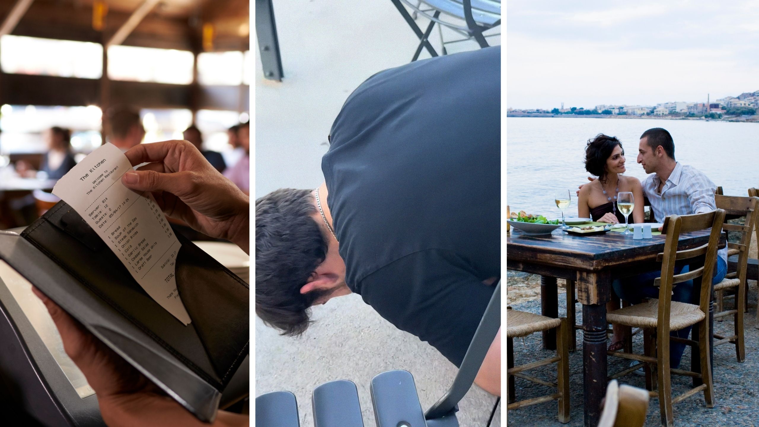 restaurant receipt (l) man attempts to grab receipt without touching it (c) couple eating out (r)