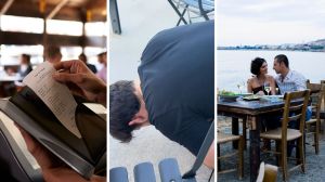 restaurant receipt (l) man attempts to grab receipt without touching it (c) couple eating out (r)