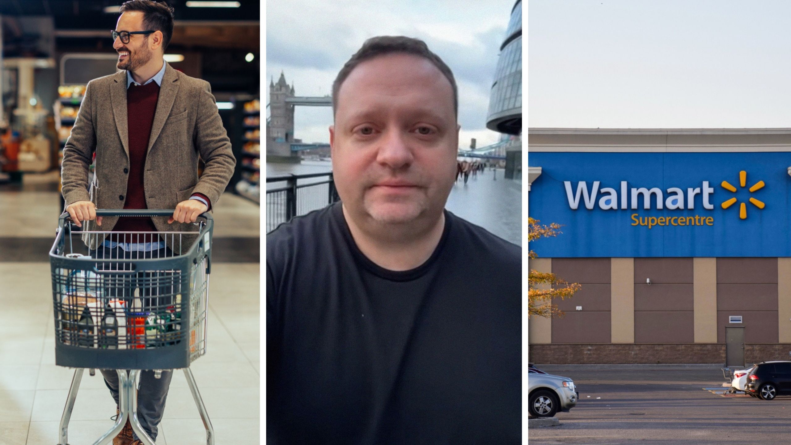 man pushing shopping cart (l) man shares walmart new feature (c) walmart store front (r)