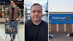 man pushing shopping cart (l) man shares walmart new feature (c) walmart store front (r)