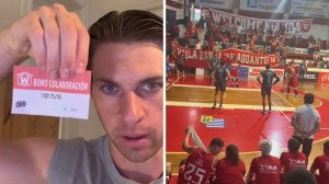 man shares basketball game experience in Uruguay (l) basketball game (r)