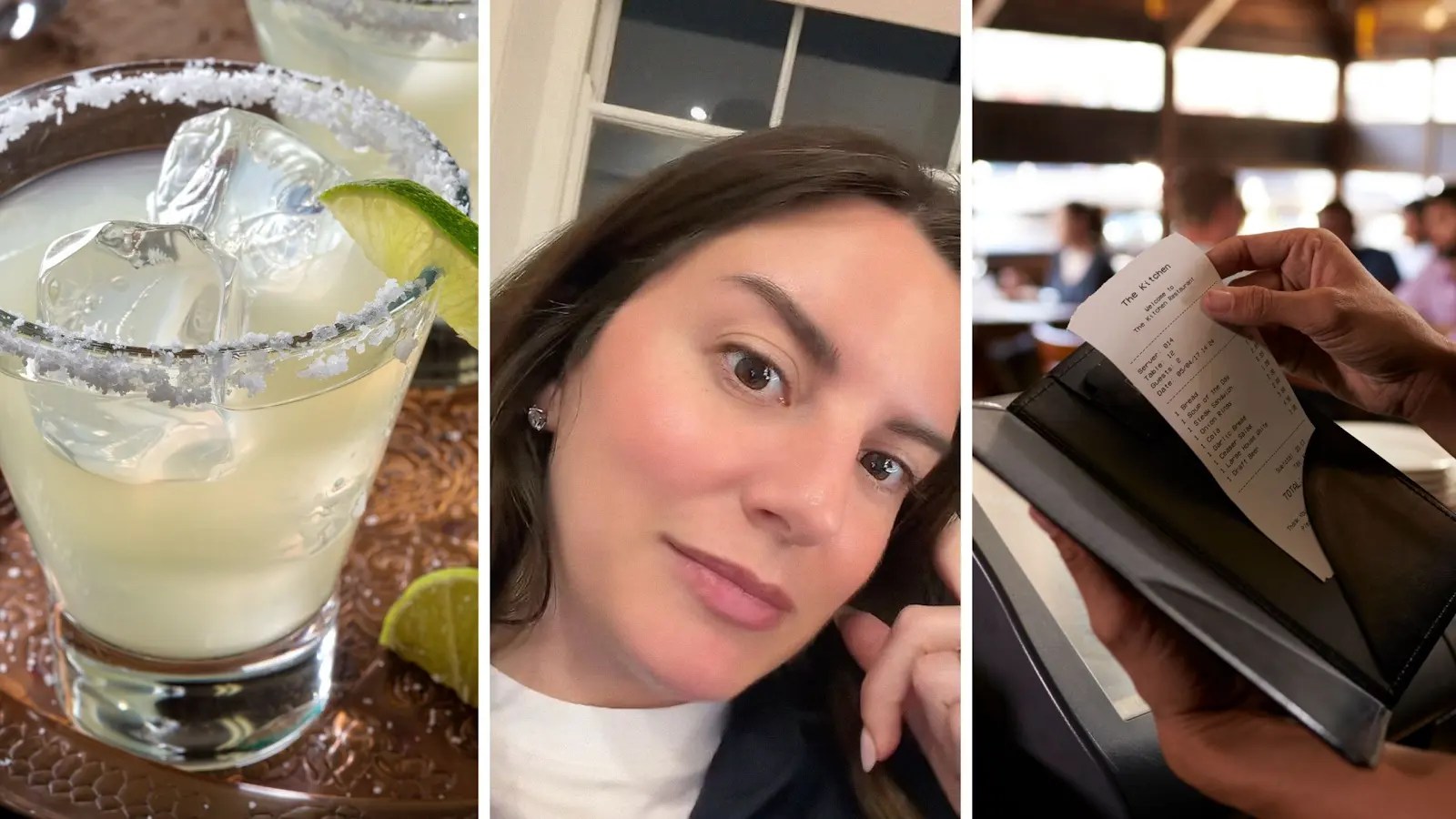 classic margarita (l) woman shares expensive drink experience (c) total bill (r)