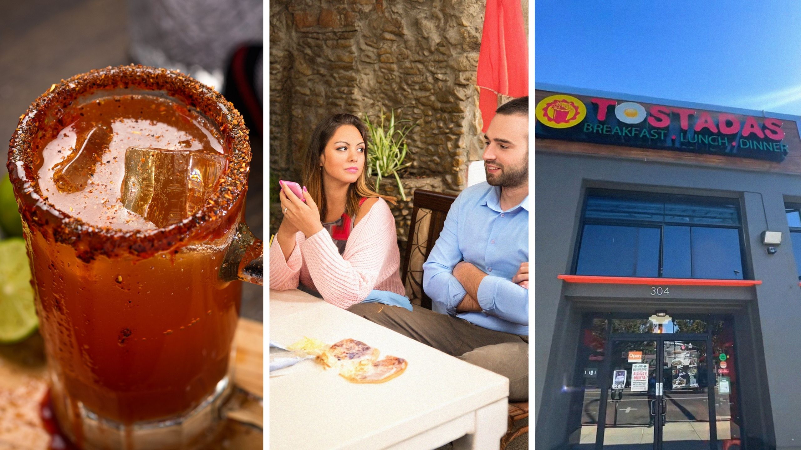 mexican drink (l) influencer and companion visit mexican restaurant (c) Tostadas mexican restaurant entrance (r)