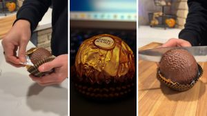 unwrapping chocolate (l) ferrero rocher giant ball (c) cutting chocolate in half (r)