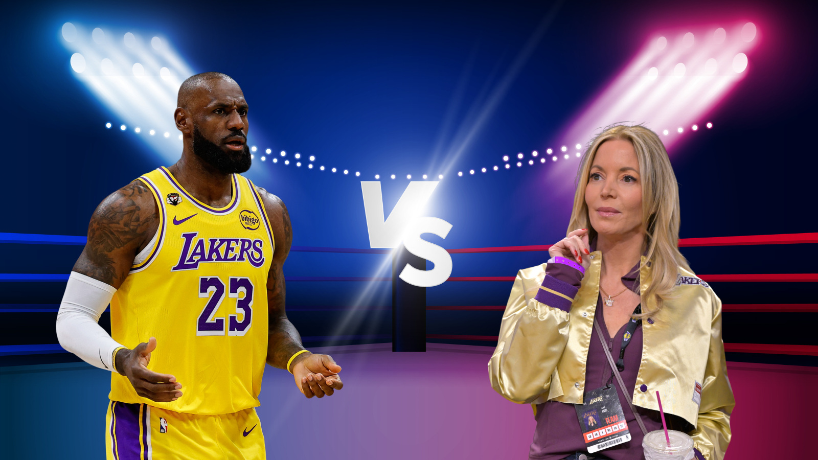 LeBron James and Jeanie Buss in a boxing ring