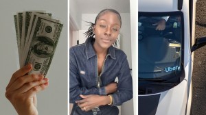 money out of pocket (l) woman shares airport uber experience (c) uber car (r)