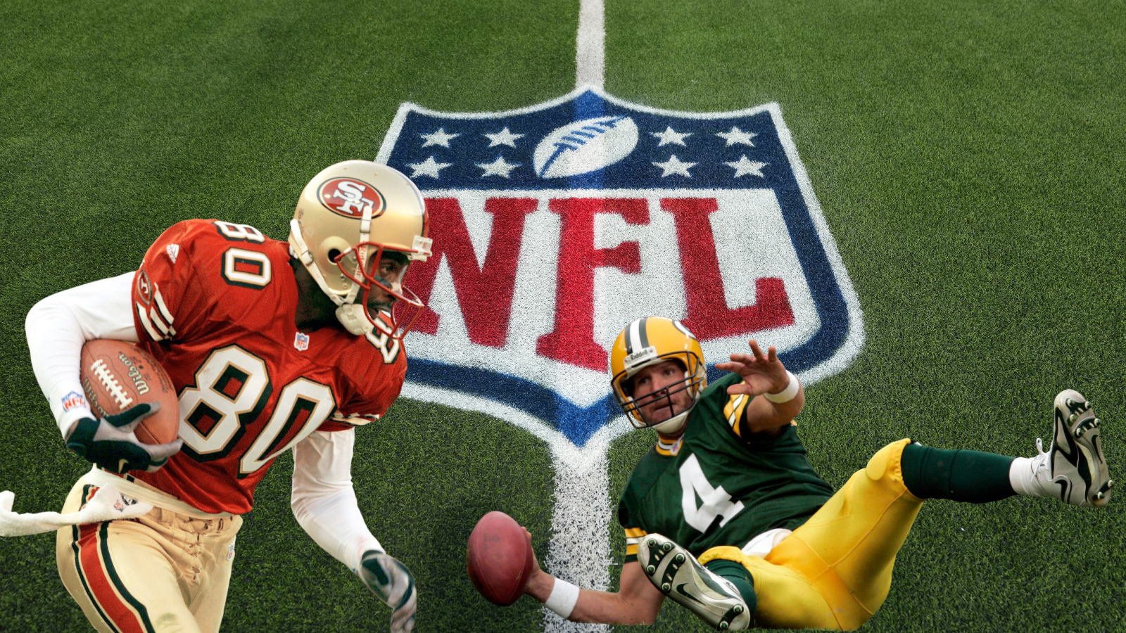 NFL legends Jerry Rice and Brett Favre in front of the NFL logo on a football field