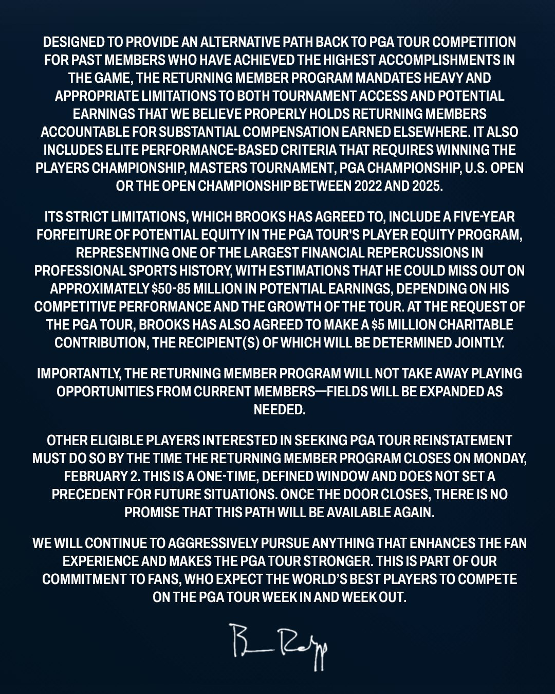 PGA Tour CEO statement on Brooks Koepka