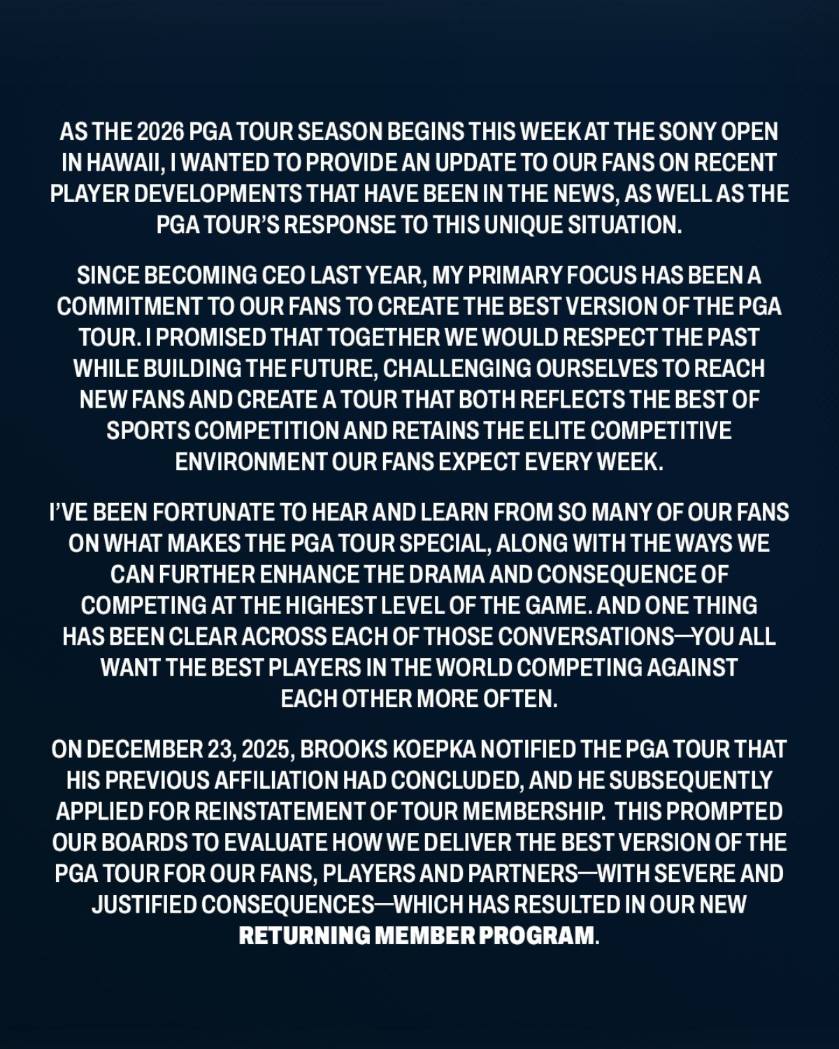 PGA Tour CEO statement on Brooks Koepka
