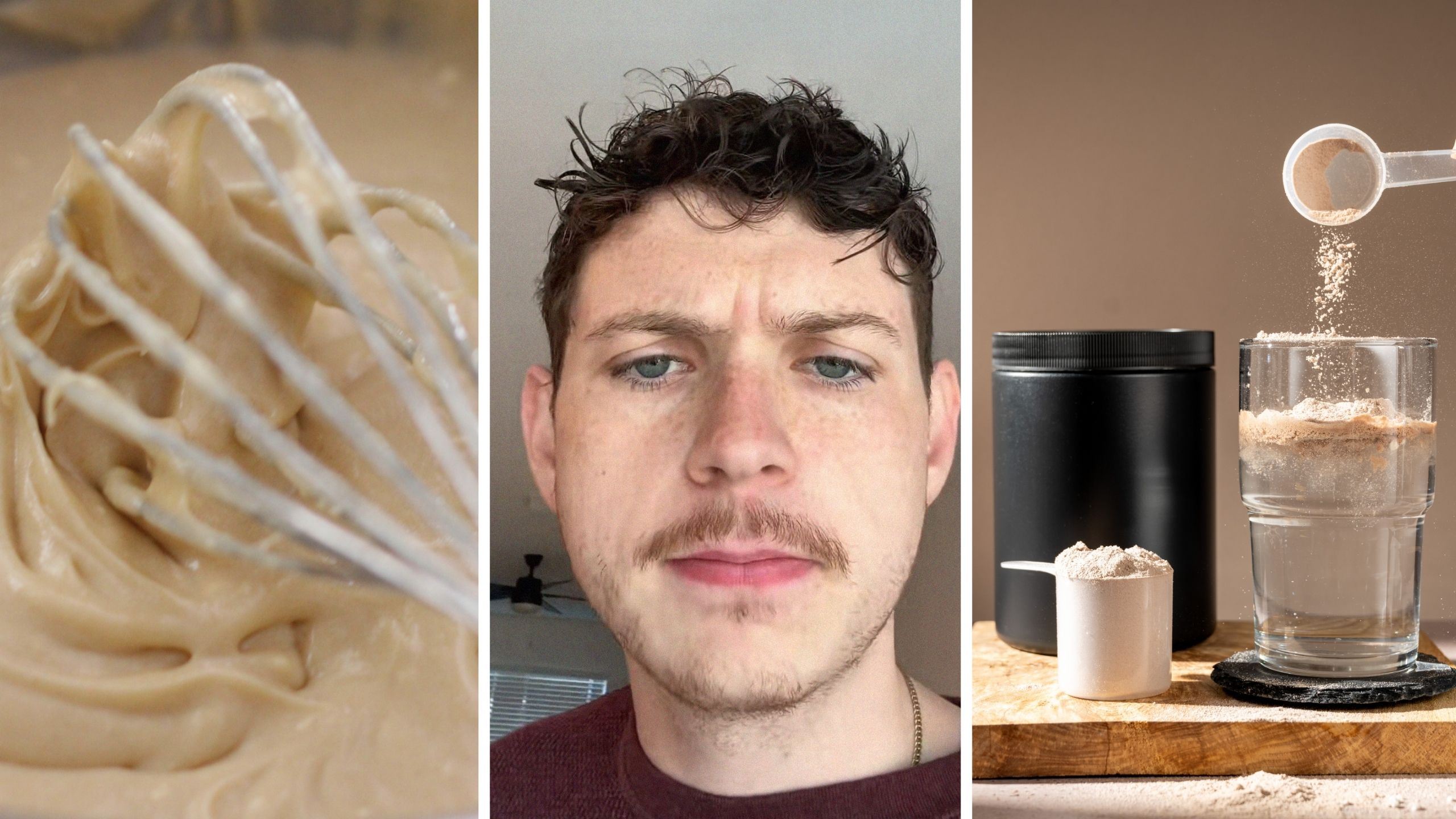cake mix (l) man shares protein powder concern (c) protein powder and drink (r)