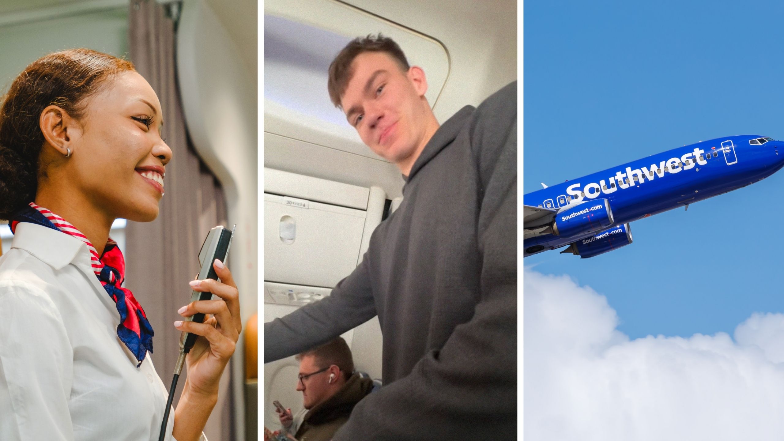 flight attendant makes announcement (l) man in flight (c) southwest airline (r)