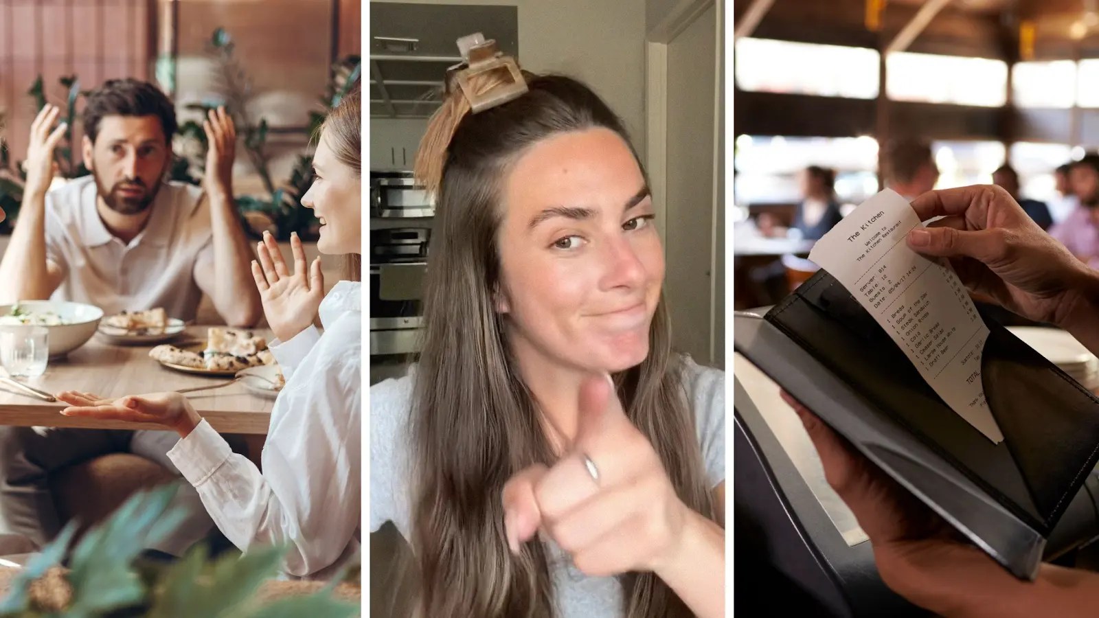 customers arguing over bill (l) woman shares job experience (c) woman drops check at table (r)