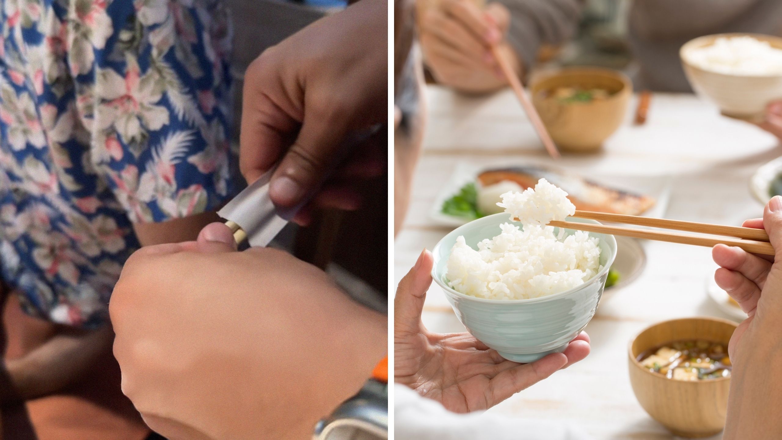 woman shares chopsticks tutorial (l) woman eating with chopsticks (r)