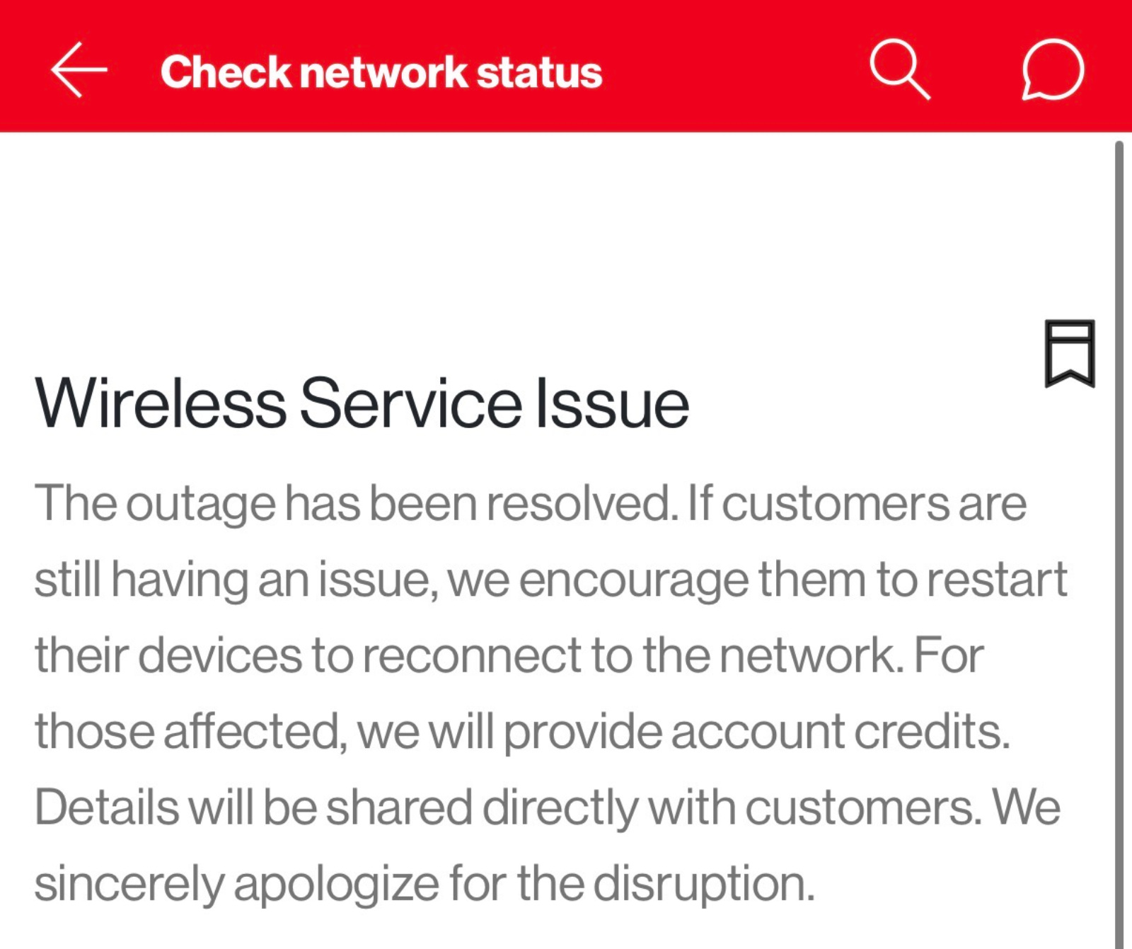 Verizon outage message to customers