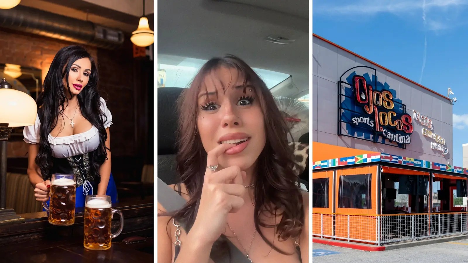 sexy waitress (l) woman shares applying for job experience (c) ojos locos cantina entrance (r)