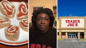 salmon pin wheels (l) woman shares food purchase issue (c) trader joe's entrance (r)