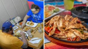 couple goes out to eat (l) chicken fajitas (r)