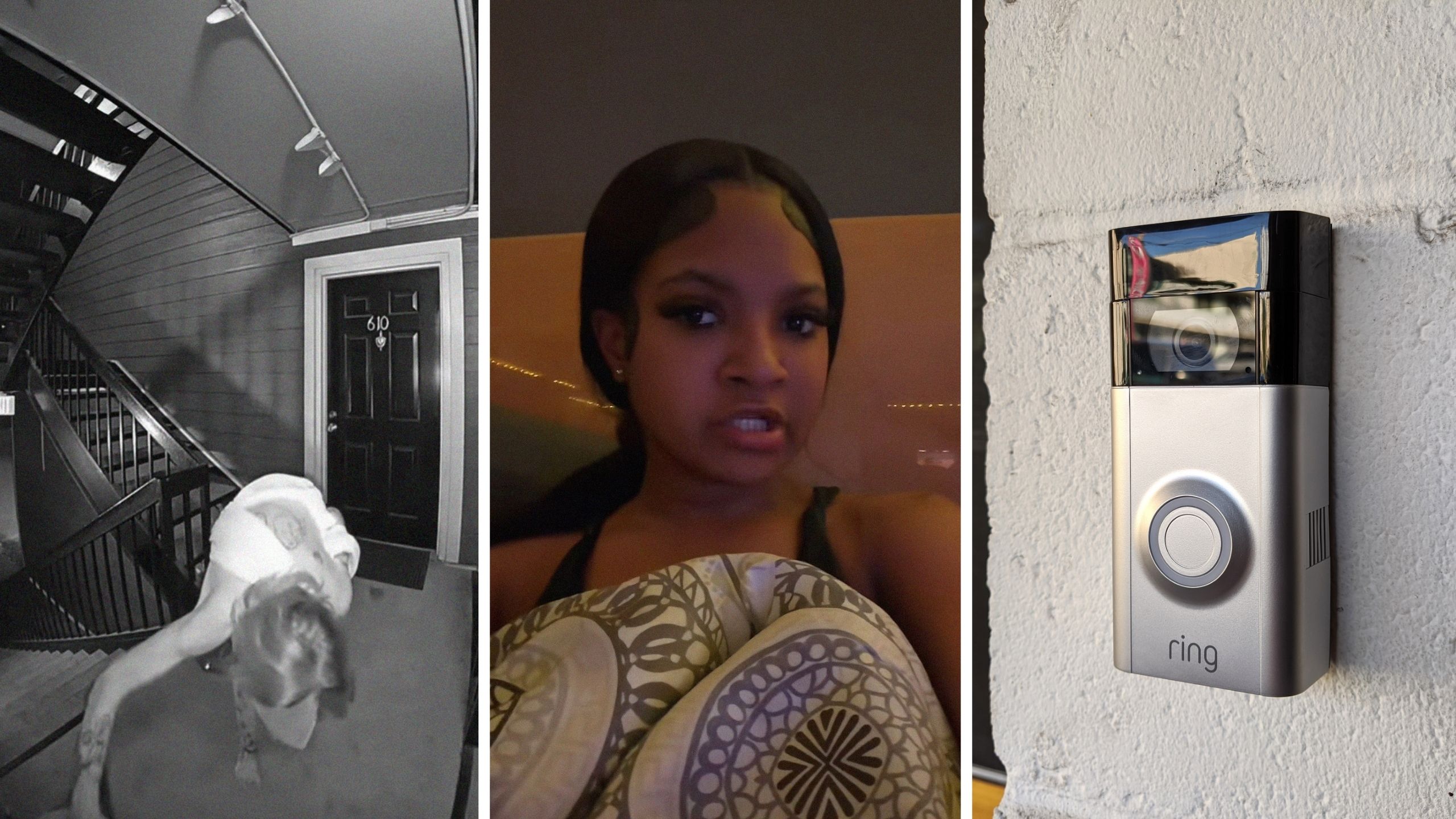 woman checking under mats for door keys (l) woman warns against hiding keys under floor mats (c) ring camera (r)