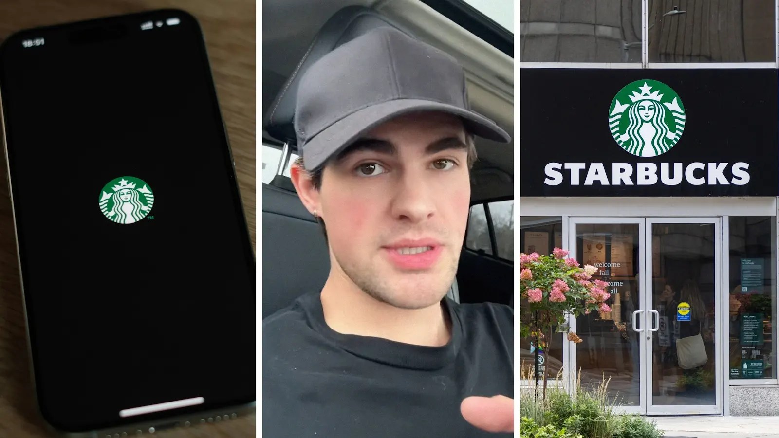 starbucks mobile order app (l) man shares ordering tips (c) Starbucks front door (r)